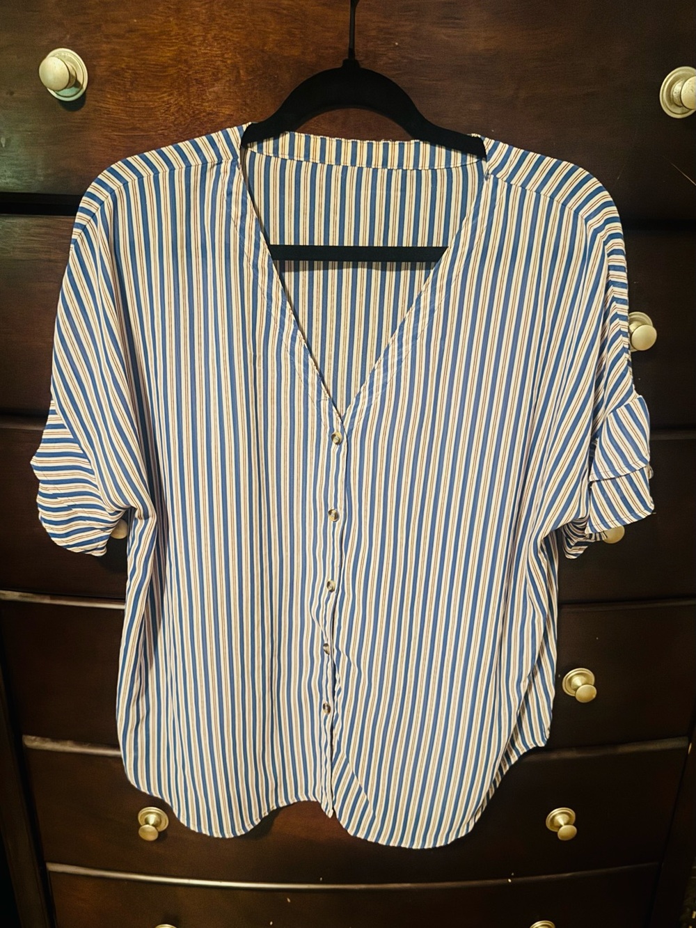 Women's Blue and White Striped Button-Front Shirt